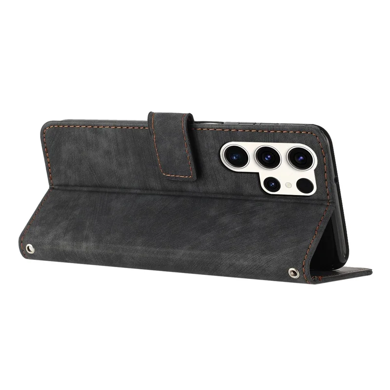 For Samsung Galaxy S23 Ultra Protective Wallet Case Skin-Touch Lines Imprinted PU Leather Phone Cover - Black