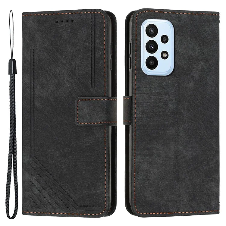Shockproof Case for Samsung Galaxy A53 5G Skin-Touch Wallet Phone Case Lines Imprinted PU Leather Cover - Black