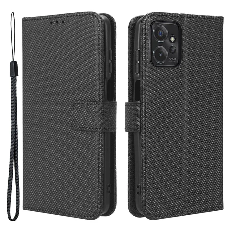 Para Motorola Moto G Power 5G Cartera Soporte Funda de Teléfono de Cuero Textura de Diamante Cubierta de Smartphone - Negro