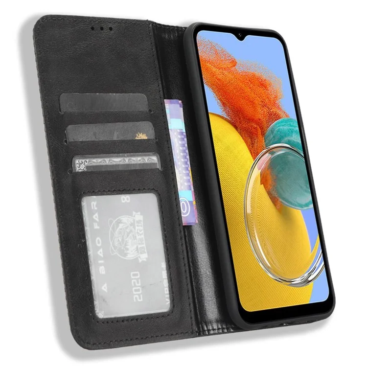Per Samsung Galaxy M14 5G Retro Phone Case PU Leather Phone Stand Wallet Protective Cover - Nero