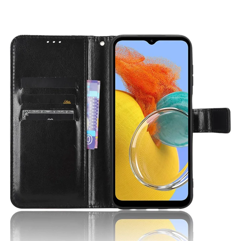 For Samsung Galaxy M14 5G Shockproof Leather Phone Case Wallet Crazy Horse Texture Phone Stand Cover - Black