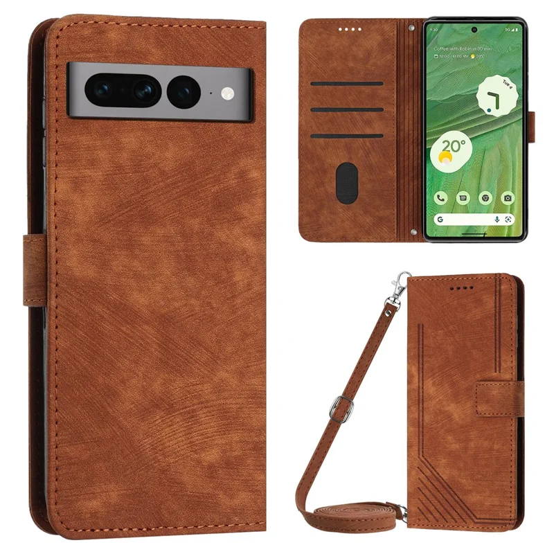 For Google Pixel 7 Pro 5G PU Leather Drop-proof Case Lines Imprint Flip Stand Wallet Phone Cover with 2 Straps - Brown