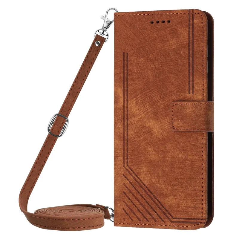 For Google Pixel 7 Pro 5G PU Leather Drop-proof Case Lines Imprint Flip Stand Wallet Phone Cover with 2 Straps - Brown