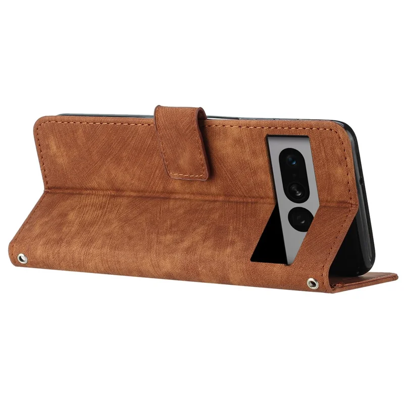 For Google Pixel 7 Pro 5G PU Leather Drop-proof Case Lines Imprint Flip Stand Wallet Phone Cover with 2 Straps - Brown