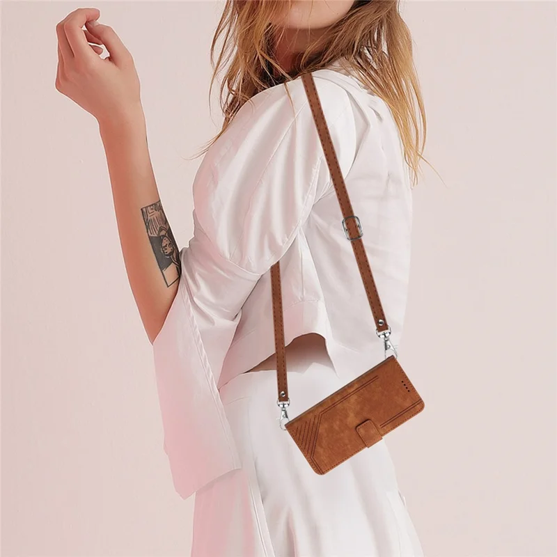 For Google Pixel 7 Pro 5G PU Leather Drop-proof Case Lines Imprint Flip Stand Wallet Phone Cover with 2 Straps - Brown