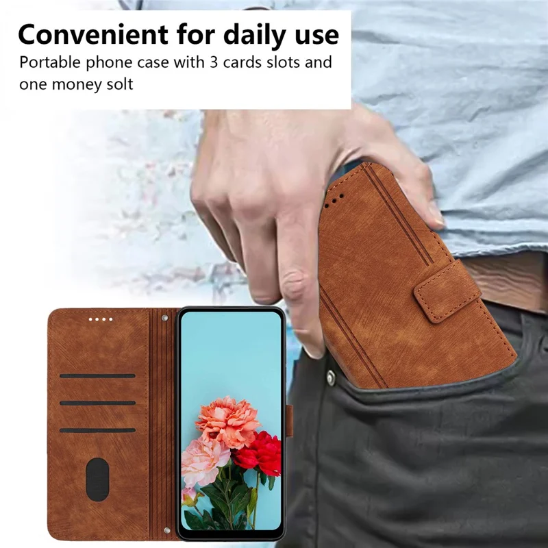 For Google Pixel 7 Pro 5G PU Leather Drop-proof Case Lines Imprint Flip Stand Wallet Phone Cover with 2 Straps - Brown