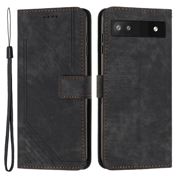 For Google Pixel 7a PU Leather Lines Imprinted Phone Case Wallet Stand Magnetic Flip Cover - Black