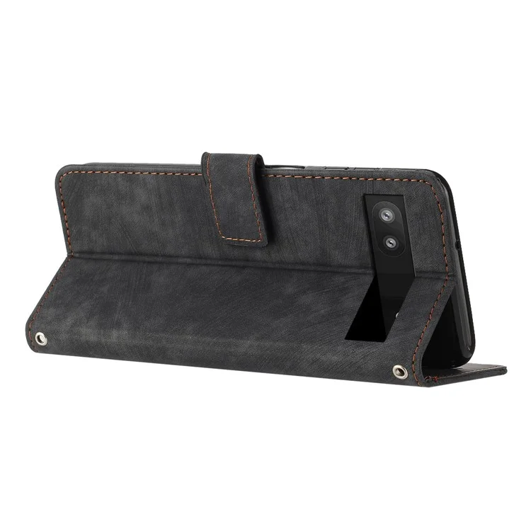 For Google Pixel 7a PU Leather Lines Imprinted Phone Case Wallet Stand Magnetic Flip Cover - Black