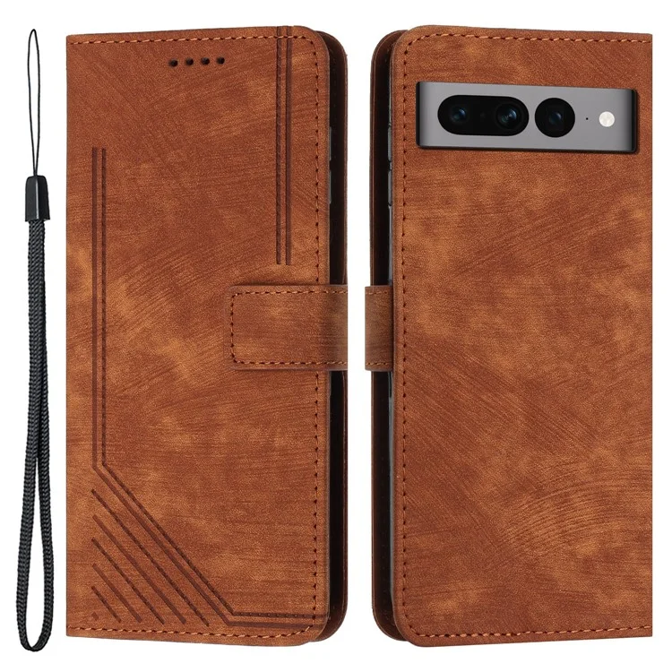 Per Google Pixel 7 Pro 5G Skin-touch Phone Case Lines Imprint Leather Wallet Protective Cover with Stand - Marrone
