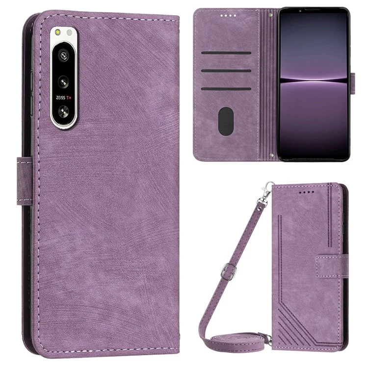 For Sony Xperia 5 IV 5G Lines Imprint Phone Case PU Leather Wallet Stand Anti-drop Cover with Shoulder+Wrist Strap - Purple