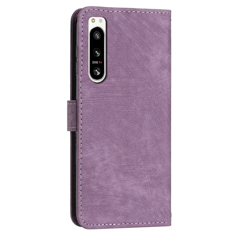 For Sony Xperia 5 IV 5G Lines Imprint Phone Case PU Leather Wallet Stand Anti-drop Cover with Shoulder+Wrist Strap - Purple