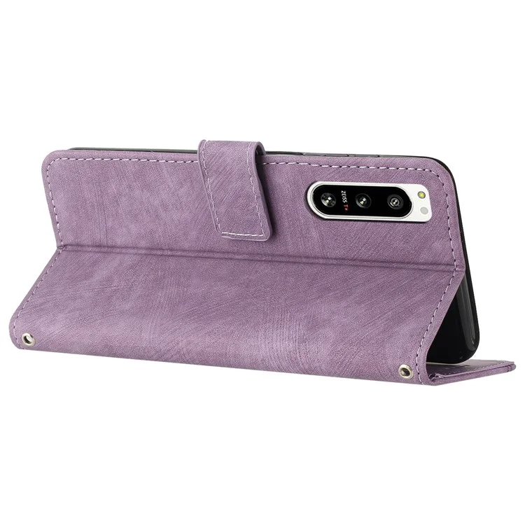 For Sony Xperia 5 IV 5G Lines Imprint Phone Case PU Leather Wallet Stand Anti-drop Cover with Shoulder+Wrist Strap - Purple
