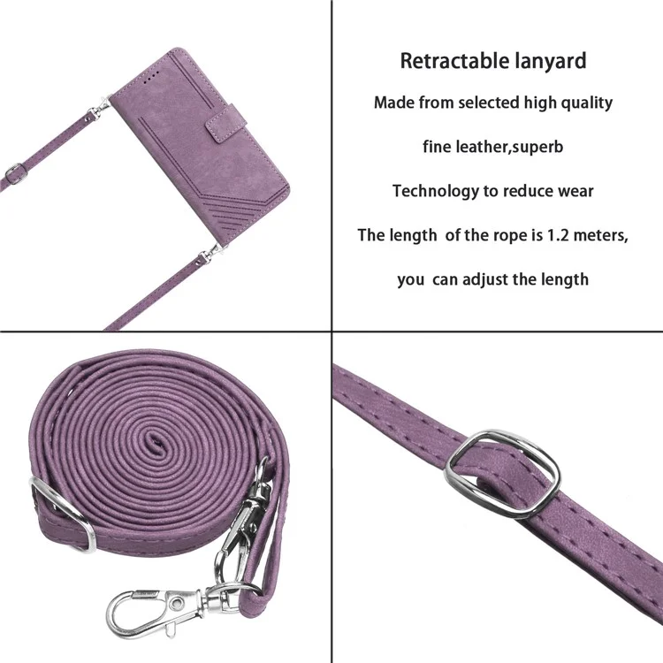 For Sony Xperia 5 IV 5G Lines Imprint Phone Case PU Leather Wallet Stand Anti-drop Cover with Shoulder+Wrist Strap - Purple