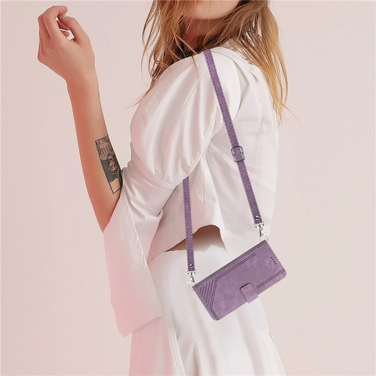 For Sony Xperia 5 IV 5G Lines Imprint Phone Case PU Leather Wallet Stand Anti-drop Cover with Shoulder+Wrist Strap - Purple