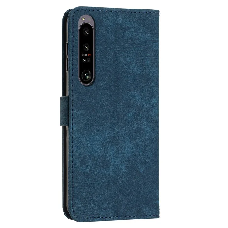 For Sony Xperia 1 IV 5G PU Leather Wallet Case Lines Imprinted Stand Shockproof Cover with 2 Straps - Sapphire