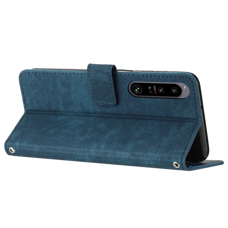 For Sony Xperia 1 IV 5G PU Leather Wallet Case Lines Imprinted Stand Shockproof Cover with 2 Straps - Sapphire