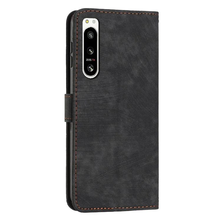 For Sony Xperia 5 IV 5G Lines Imprinted Anti-drop Phone Case Flip Stand Skin-touch Leather Wallet Shell - Black