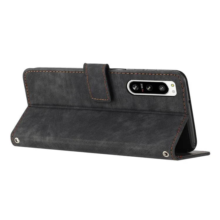 For Sony Xperia 5 IV 5G Lines Imprinted Anti-drop Phone Case Flip Stand Skin-touch Leather Wallet Shell - Black