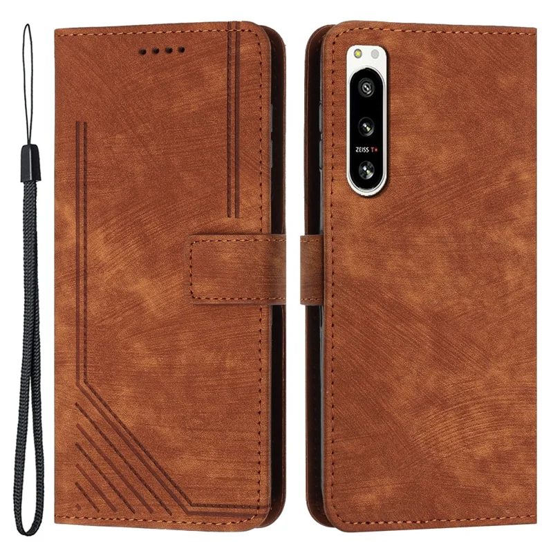 For Sony Xperia 5 IV 5G Lines Imprinted Anti-drop Phone Case Flip Stand Skin-touch Leather Wallet Shell - Brown