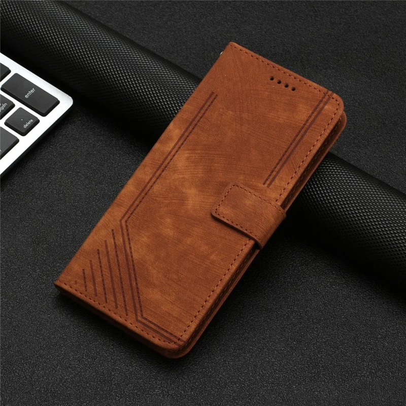 For Sony Xperia 5 IV 5G Lines Imprinted Anti-drop Phone Case Flip Stand Skin-touch Leather Wallet Shell - Brown