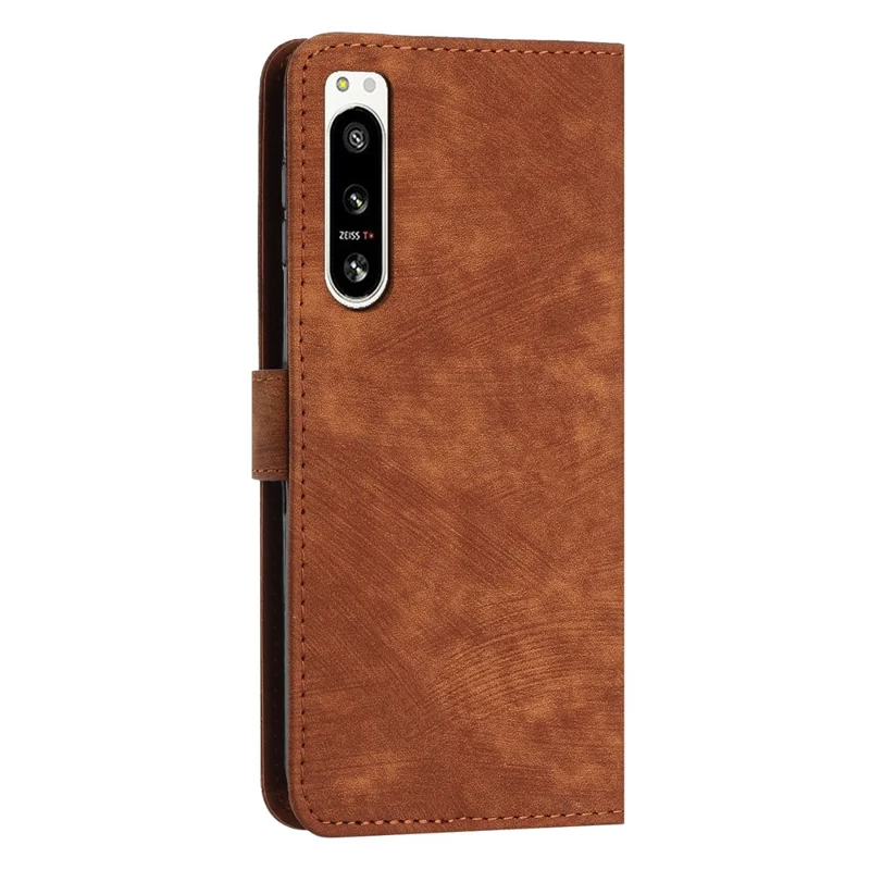 For Sony Xperia 5 IV 5G Lines Imprinted Anti-drop Phone Case Flip Stand Skin-touch Leather Wallet Shell - Brown