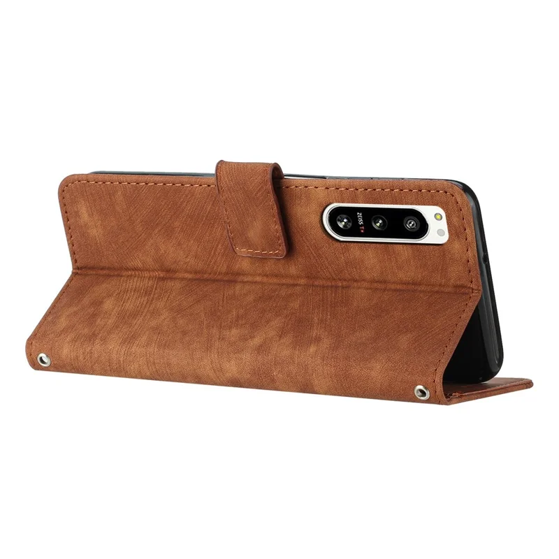 For Sony Xperia 5 IV 5G Lines Imprinted Anti-drop Phone Case Flip Stand Skin-touch Leather Wallet Shell - Brown