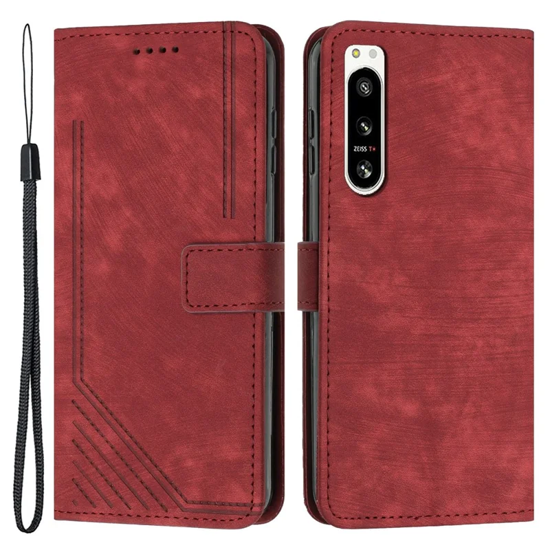 For Sony Xperia 5 IV 5G Lines Imprinted Anti-drop Phone Case Flip Stand Skin-touch Leather Wallet Shell - Red