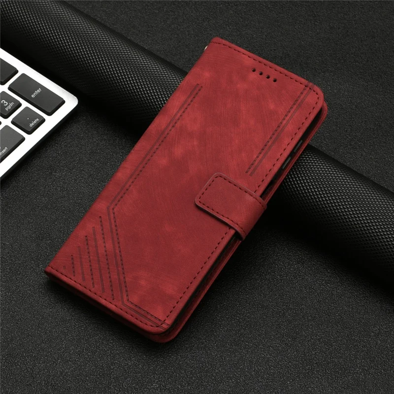 For Sony Xperia 5 IV 5G Lines Imprinted Anti-drop Phone Case Flip Stand Skin-touch Leather Wallet Shell - Red