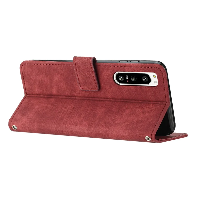 For Sony Xperia 5 IV 5G Lines Imprinted Anti-drop Phone Case Flip Stand Skin-touch Leather Wallet Shell - Red