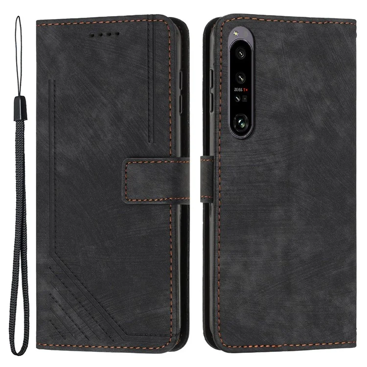 For Sony Xperia 1 IV 5G Skin-touch Leather Wallet Shockproof Shell Lines Imprint Phone Case with Stand - Black