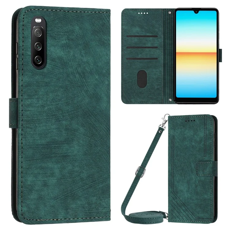 Für Sony Xperia 10 V Wallet Phone Case PU Leder Linien geprägt Ständer Schultergurt Klapphülle - Grün