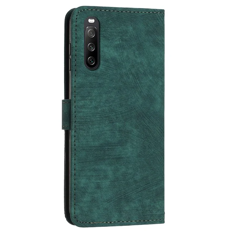 Für Sony Xperia 10 V Wallet Phone Case PU Leder Linien geprägt Ständer Schultergurt Klapphülle - Grün