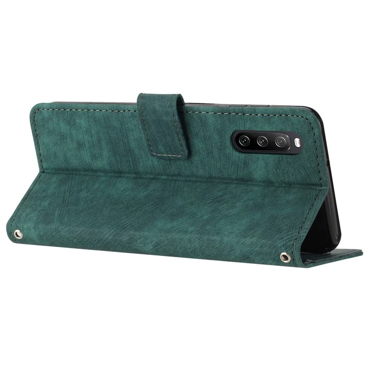 Für Sony Xperia 10 V Wallet Phone Case PU Leder Linien geprägt Ständer Schultergurt Klapphülle - Grün