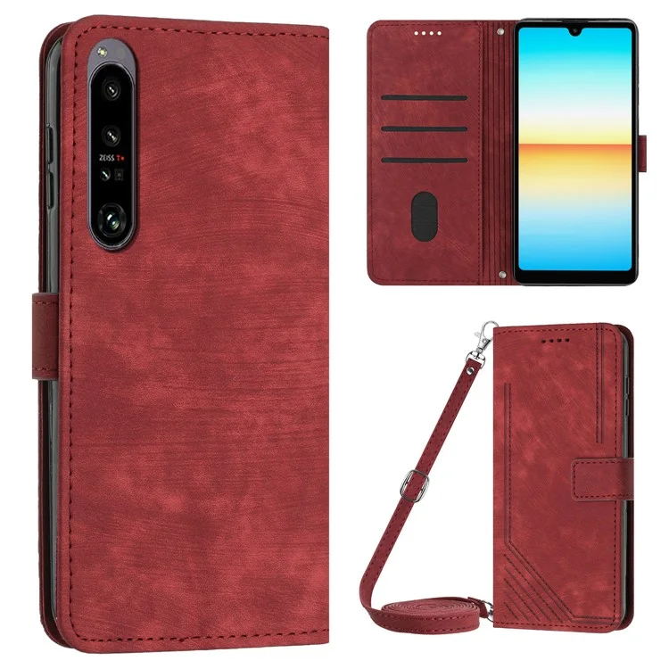 For Sony Xperia 1 V PU Leather Flip Protective Cover Lines Imprinted Stand Wallet Phone Case - Red