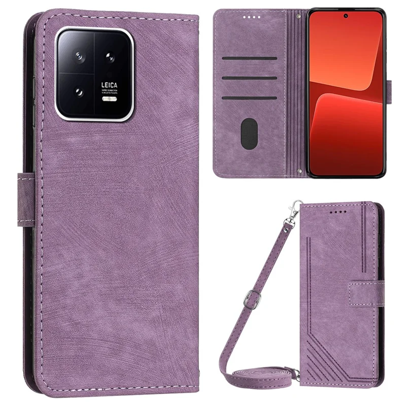 Étui portefeuille en cuir PU pour Xiaomi 13 5G, étui de téléphone à support avec lanière d'épaule - violet