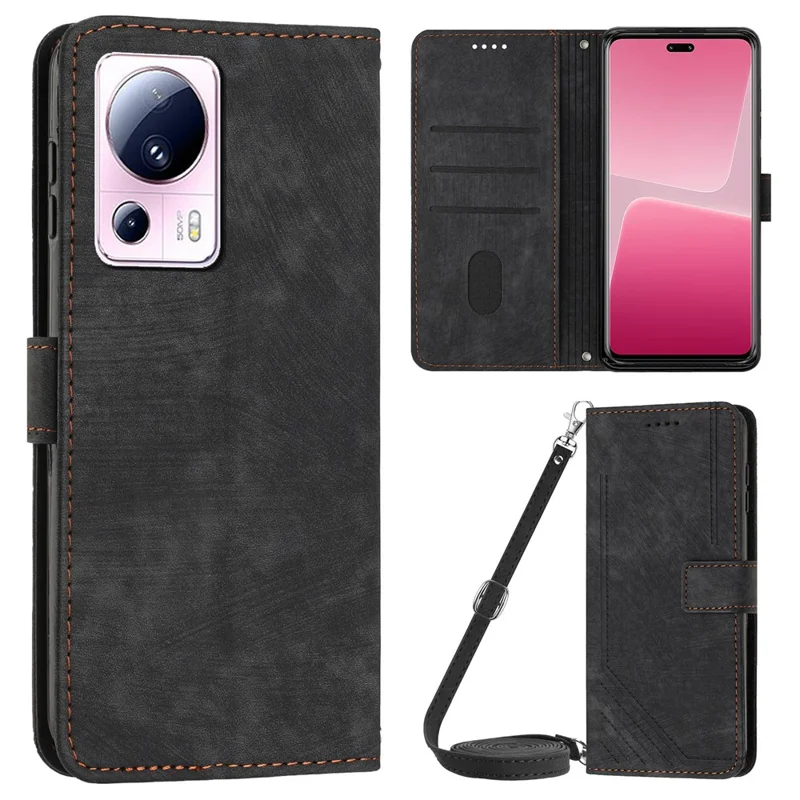 For Xiaomi 13 Lite / Civi 2 5G Wallet Case Skin-touch PU Leather Lines Imprinted Stand Flip Phone Cover - Black