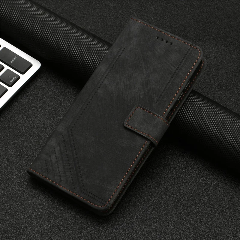 For Xiaomi 13 Lite / Civi 2 5G Wallet Case Skin-touch PU Leather Lines Imprinted Stand Flip Phone Cover - Black