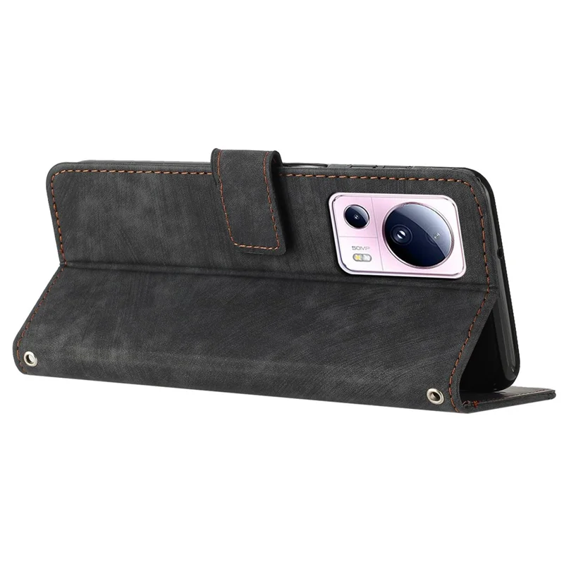 For Xiaomi 13 Lite / Civi 2 5G Wallet Case Skin-touch PU Leather Lines Imprinted Stand Flip Phone Cover - Black