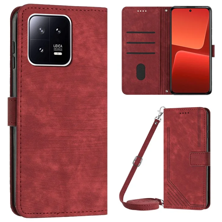 For Xiaomi 13 Pro 5G Skin-touch Wallet Phone Case PU Leather Stand Lines Imprinted Flip Cover - Red