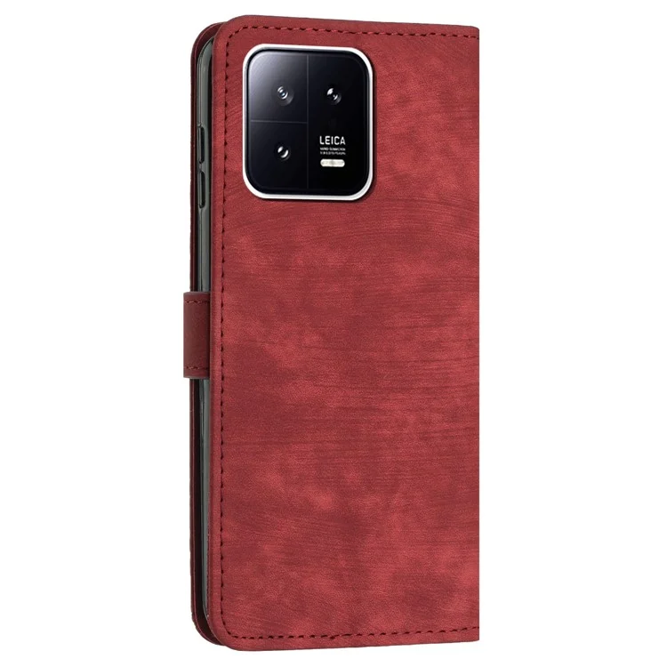 For Xiaomi 13 Pro 5G Skin-touch Wallet Phone Case PU Leather Stand Lines Imprinted Flip Cover - Red