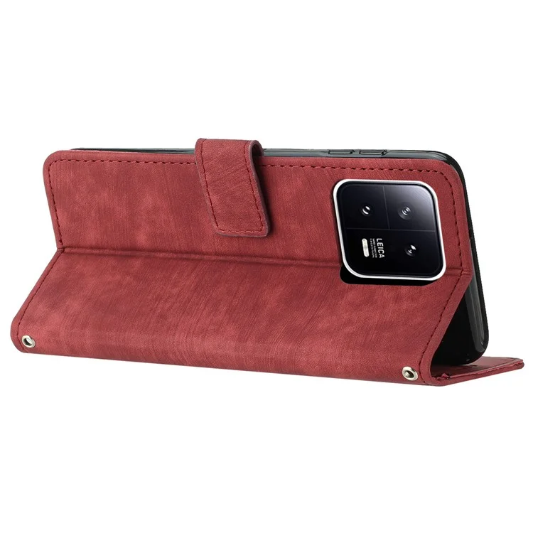 For Xiaomi 13 Pro 5G Skin-touch Wallet Phone Case PU Leather Stand Lines Imprinted Flip Cover - Red