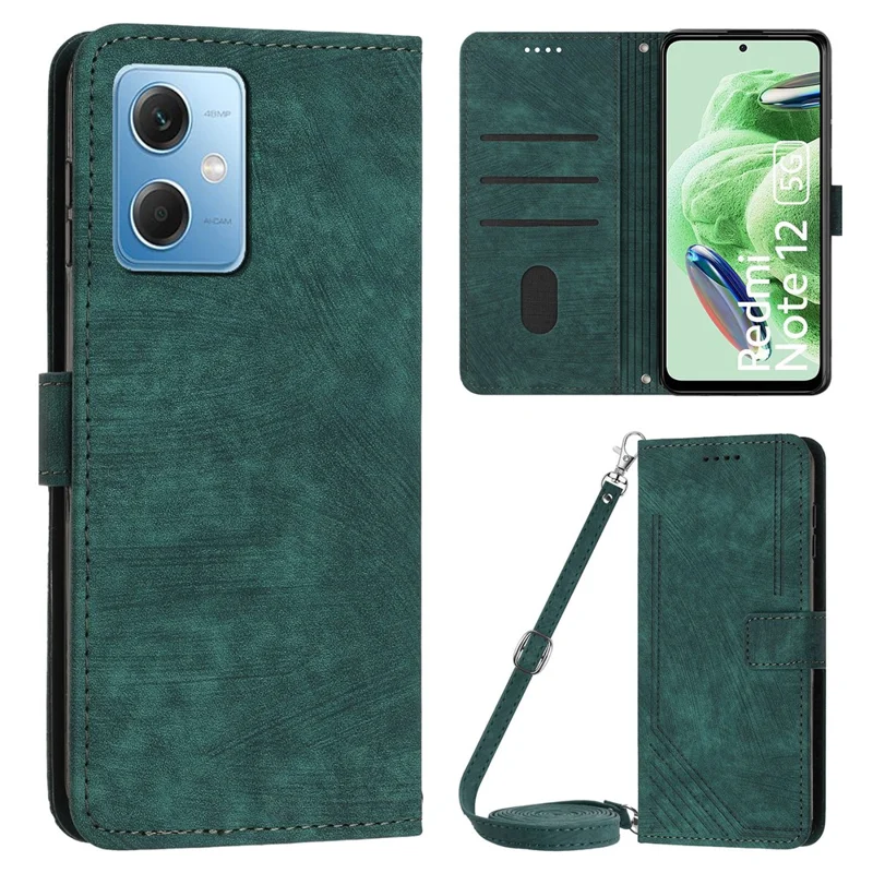 Leather Phone Case for Xiaomi Redmi Note 12 5G (China) / (India) / (Global) / Poco X5 5G , Stand Lines Imprinted Wallet Flip Cover - Green