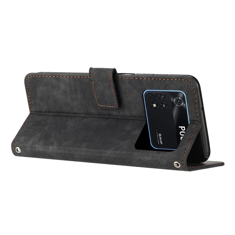Per Xiaomi Poco M4 Pro 4G Linee Impresse Custodia per Telefono Pelle Touch-skin Portafoglio Custodia per Telefono con Supporto - Nero