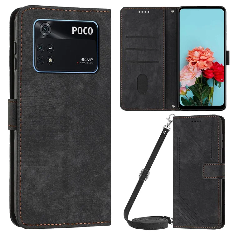 Per Xiaomi Poco M4 Pro 4G Custodia Portafoglio in Pelle PU con Righe Impresse, Chiusura a Libro, Antiurto - Nero