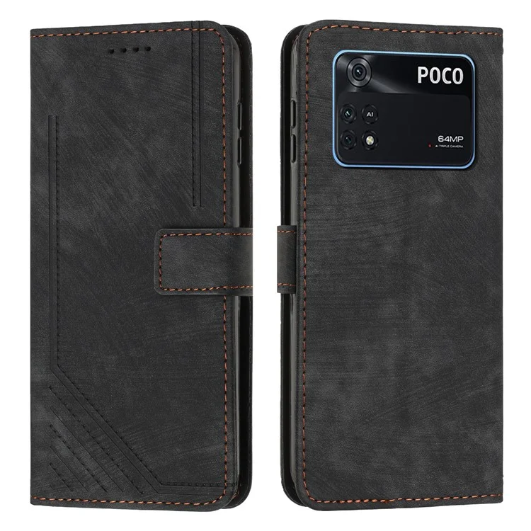 Per Xiaomi Poco M4 Pro 4G Custodia Portafoglio in Pelle PU con Righe Impresse, Chiusura a Libro, Antiurto - Nero