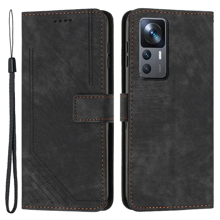 For Xiaomi 12T 5G / 12T Pro 5G / Redmi K50 Ultra 5G Lines Imprint Anti-drop Phone Case Skin-touch Leather Wallet Cover with Stand - Black