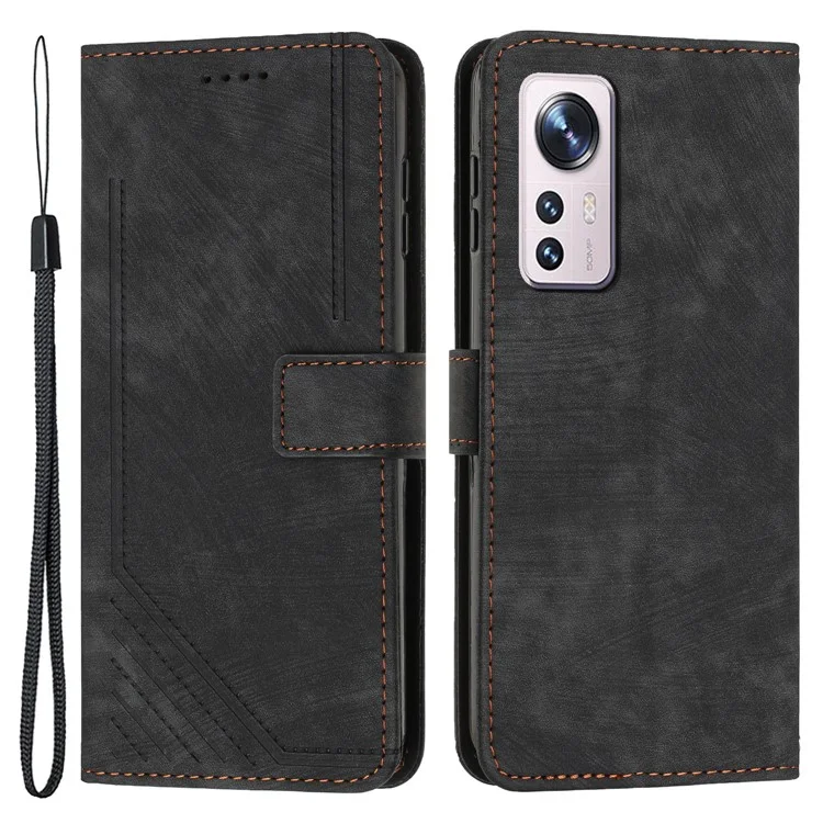 Xiaomi 12 Lite 5G Skin-touch Lines Imprint Phone Case Leather Wallet Flip Stand Mobile Cover - Schwarz