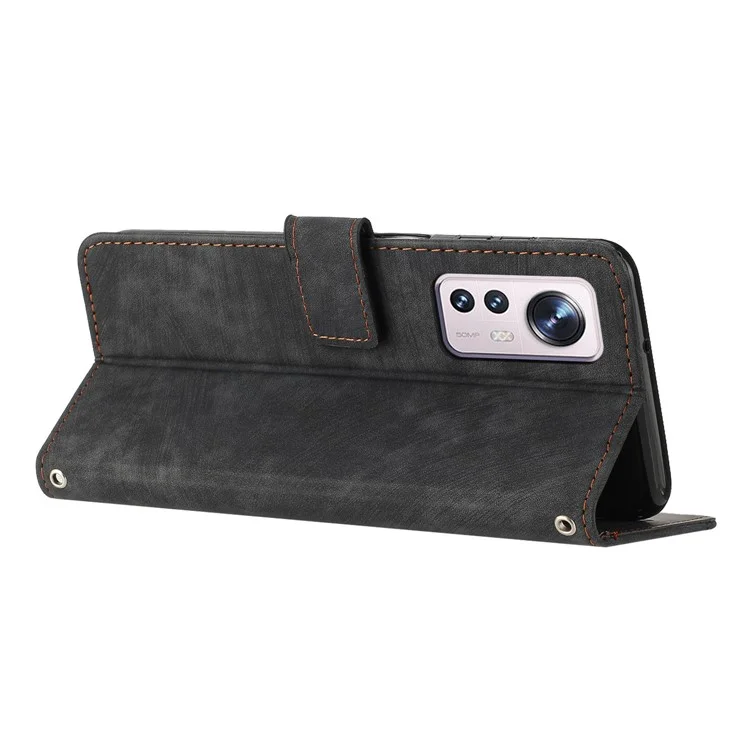 Xiaomi 12 Lite 5G Skin-touch Lines Imprint Phone Case Leather Wallet Flip Stand Mobile Cover - Schwarz