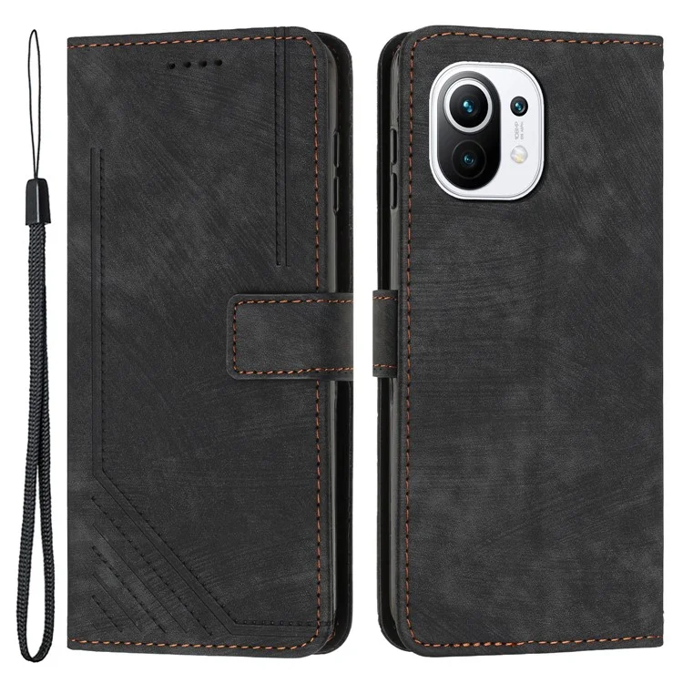 Pour Xiaomi 11 Lite 5G NE / Mi 11 Lite 4G / 5G Coque portefeuille en cuir antichoc avec lignes imprimées, support pliable - Noir