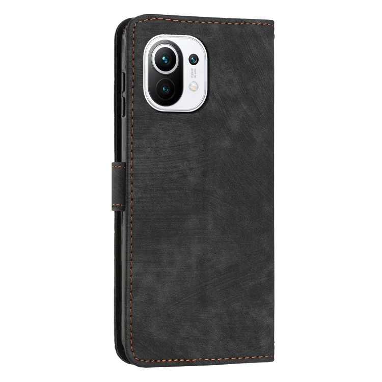 Pour Xiaomi 11 Lite 5G NE / Mi 11 Lite 4G / 5G Coque portefeuille en cuir antichoc avec lignes imprimées, support pliable - Noir